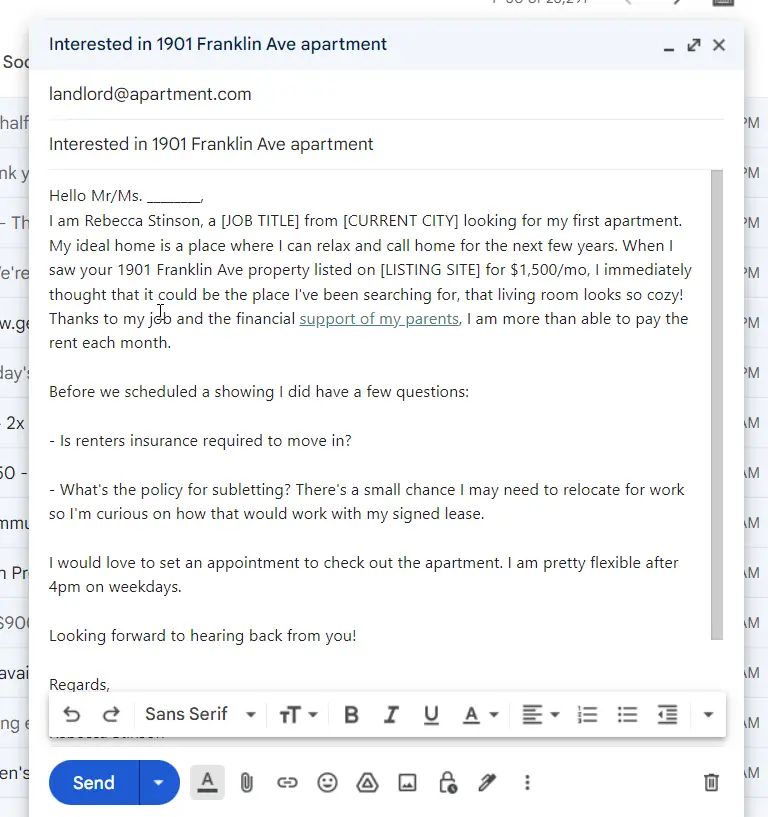 how to inquire about an apartment via email sample
